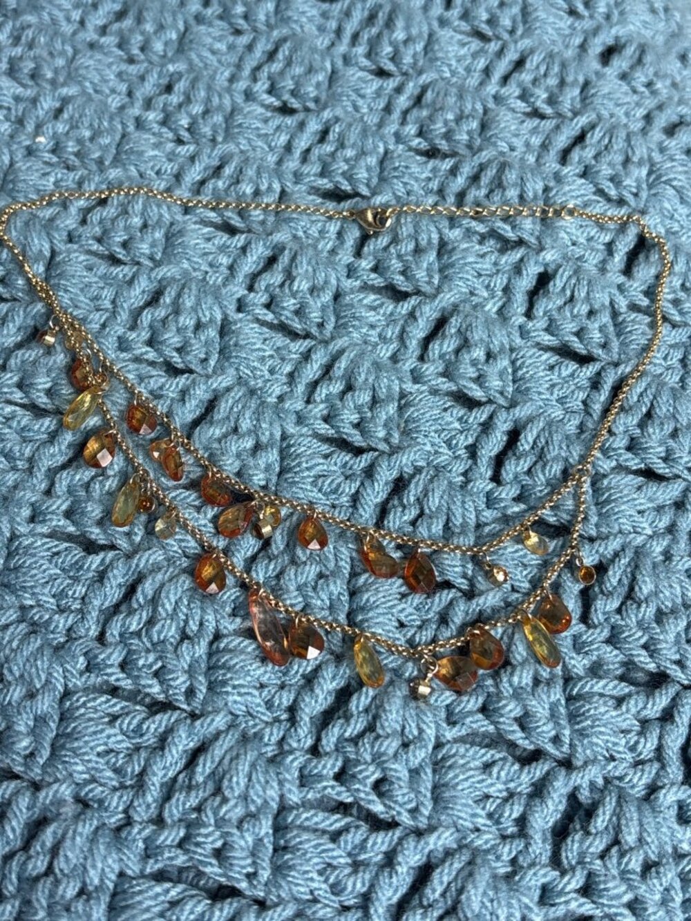 Dainty 2 Strand Necklace Orange Bead Fringe Rhinestones Goldtone Chain